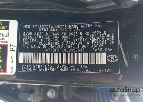 2012 Toyota Camry Se z USA, uszkodzony, nr VIN 4T1BF1FK8CU198616